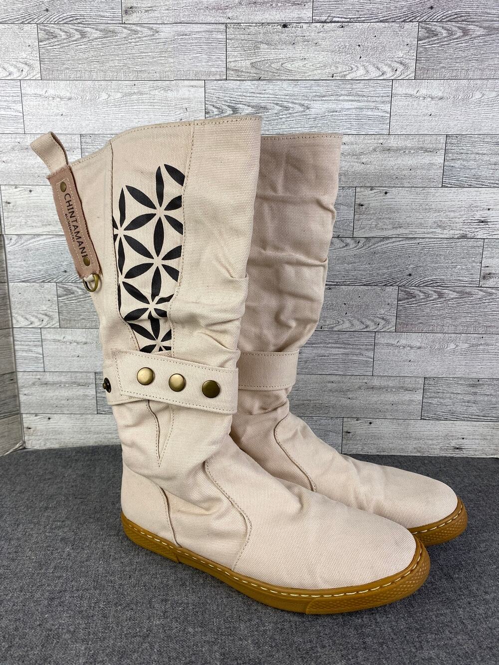 Chintamani Alchemistry BEIGE CANVAS BOOTS Pull On Womens EU 42 US 9.5 10